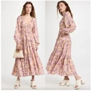 A.L.C. Iman Maxi Dress Long Sleeve Boho Floral Canary Iris Pink Yellow Size 4